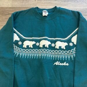 Vintage Jerzees Blue Mens M Alaska Polar Bear Pattern‎ Graphic Sporty Sweatshirt
